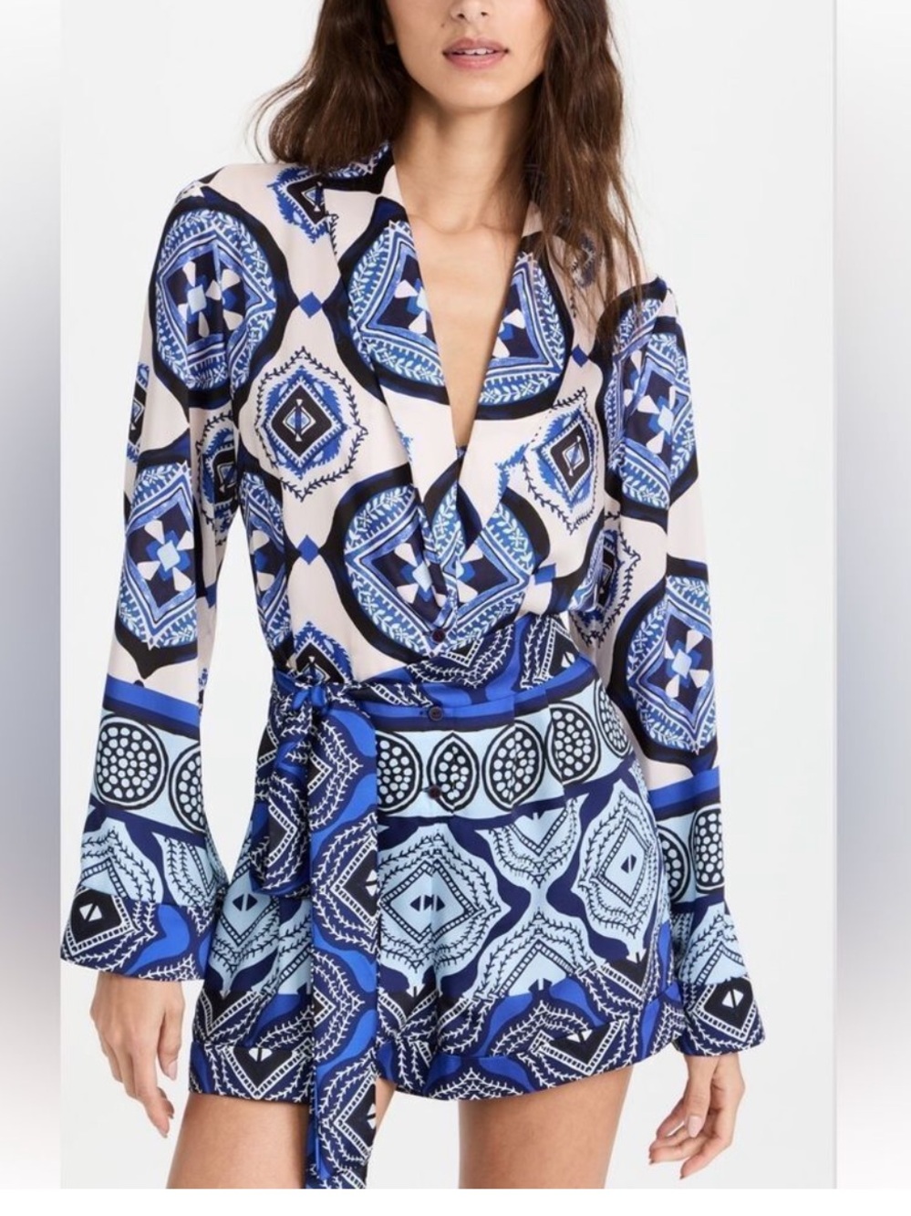 Alexis Blue and White Printed Long-Sleeve Wrap Romper